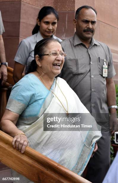 Lok Sabha Speaker Sumitra Mahajan having light moment with media persons after attending the Parliament Budget Session on April 12, 2017 in New...