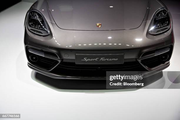 Porsche Automobil Holding SE Panamera Sport Tuismo vehicle sits on display during the 2017 New York International Auto Show in New York, U.S., on...