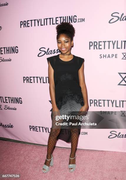 Actress Riele Downs attends the "PrettyLittleThing" campaign launch on April 11, 2017 in Los Angeles, California.