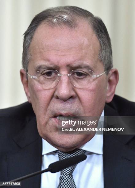 Russian Foreign Minister Sergei Lavrov takes part in a press conference after a meeting with the US Secretary of State Rex Tillerson in Moscow on...