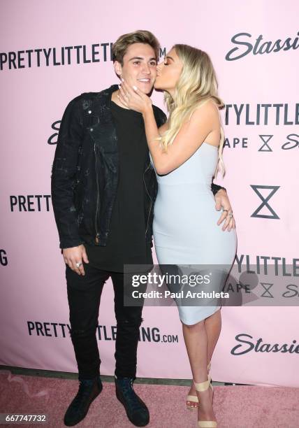 Social Media Personality Anastasia Karanikolaou and Sammy Wilk attend the "PrettyLittleThing" campaign launch on April 11, 2017 in Los Angeles,...