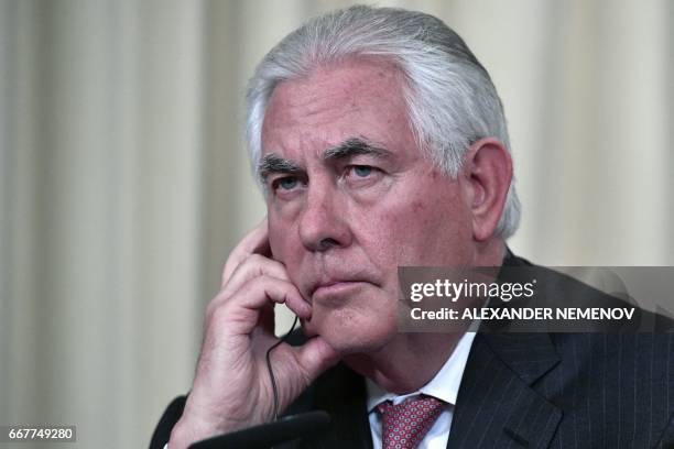 Secretary of State Rex Tillerson takes part in a press conference after a meeting with the Russian Foreign Minister in Moscow on April 12, 2017. -...