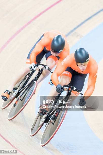 The team of Netherlands with Jeffrey Hoogland, Harrie Lavreysen and Matthijs Buchli compete in Men's Team Sprint Finals match during day one of the...