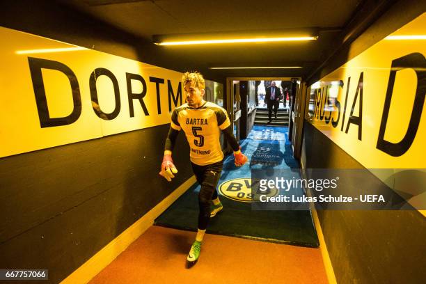 Goalkeeper Roman Buerki walks through the player tunnel prior to the UEFA Champions League Quarter Final first leg match between Borussia Dortmund...