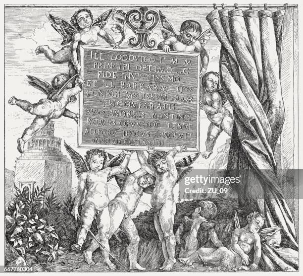 camera degli sposi, painted (1465/74) by andrea mantegna, mantua, italy - camera degli sposi stock illustrations