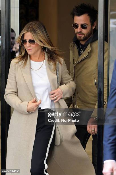 Jennifer Aniston and Justin Theroux seen leaving Chanel store in Paris on April 12, 2017.