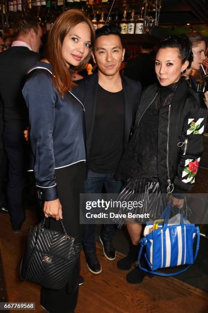 Lydia King, Prabal Gurung and Jeannie Lee attend Prabal Gurung and Caroline Issa's dinner at Shochu Lounge at ROKA to celebrate the arrival of Spring...