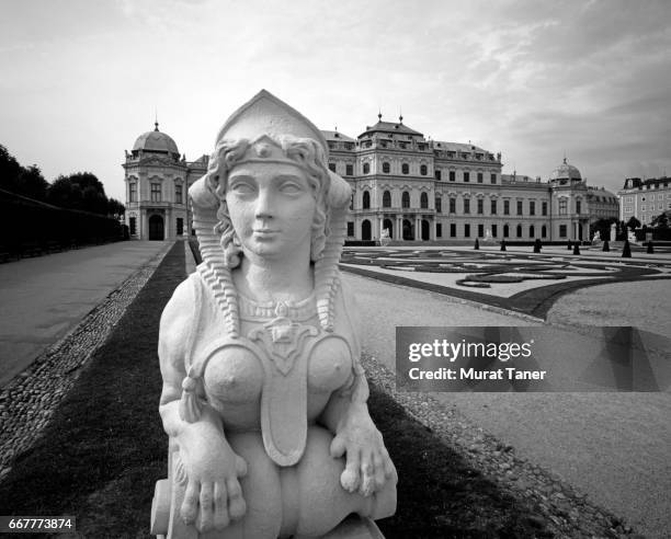sphinx staue and belvedere palace - belvedere palace vienna foto e immagini stock
