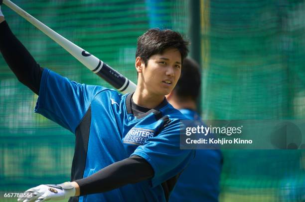 Portrait of Nippon-Ham Fighters Shohei Ohtani on field during batting practice before game vs Chiba Lotte Marines at Chiba Marine Stadium. Otani is...