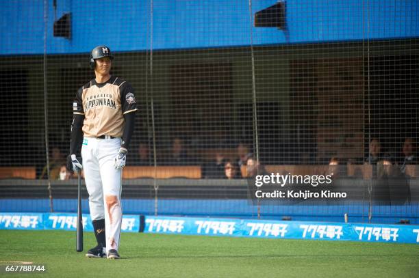 Nippon-Ham Fighters Shohei Ohtani in on deck circle during game vs Chiba Lotte Marines at Chiba Marine Stadium. Otani is the reigning league MVP,...