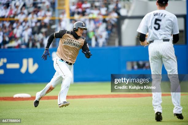 Nippon-Ham Fighters Shohei Ohtani in action, running bases vs Chiba Lotte Marines at Chiba Marine Stadium. Otani is the reigning league MVP,...