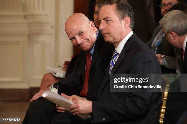 White House National Security Advisor H.R. McMaster and White House Chief of Staff Reince Priebus attend a news conference with NATO Secretary...