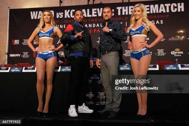 Andre Ward and Sergey Kovalev pose for photographs at the end of the press conference at the Roosevelt Ballroom on April 12, 2017 in Los Angeles,...