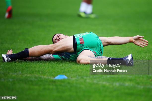 Sonny Bill Williams wearing a new training jersey with no sponsorship on his colar attends an Auckland Blues Super Rugby training session at Eden...