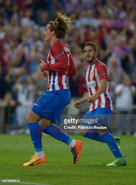 Antoine Griezmann of Atletico de Madrid celebrates his penalty goal during the match between Club Atletico de Madrid v Leicester City as part of UEFA...