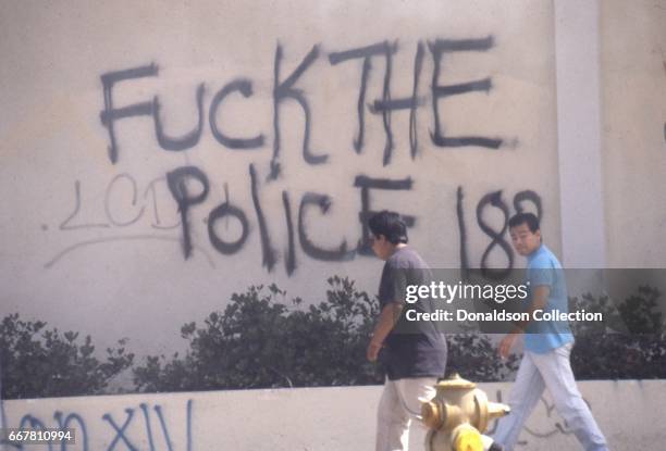 Graffitti reads "Fuck the Police" during widespread riots that erupted after the acquittal of 4 LAPD officers in the videotaped arrest and beating of...