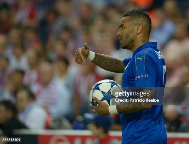Danny Simpson of Leicester City gestures during the match between Club Atletico de Madrid v Leicester City as part of UEFA Champions League Quarter...