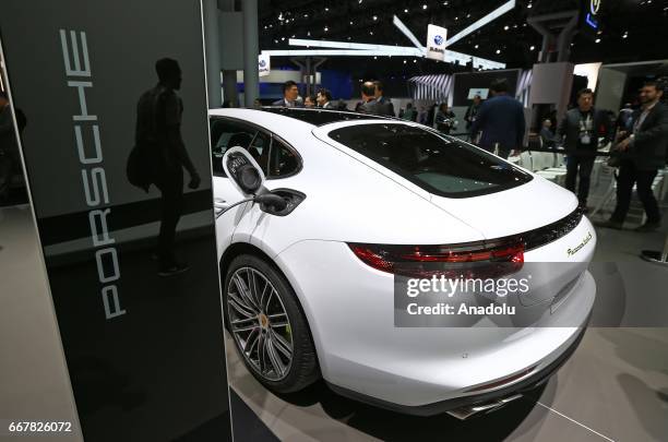 Porsche Panamera Turbo S E-Hybrid is displayed at the New York International Auto Show, at the Jacob K. Javits Convention Center in New York City,...
