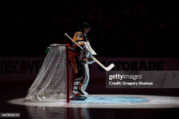 Marc-Andre Fleury of the Pittsburgh Penguins doing the national anthem prior to playing Columbus Blue Jackets in Game One of the Eastern Conference...