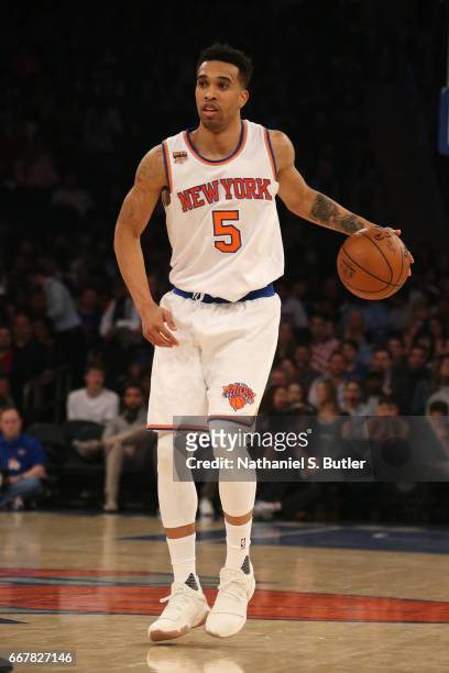 Courtney Lee of the New York Knicks handles the ball against the Philadelphia 76ers on April 12, 2017 at Madison Square Garden in New York City, New...