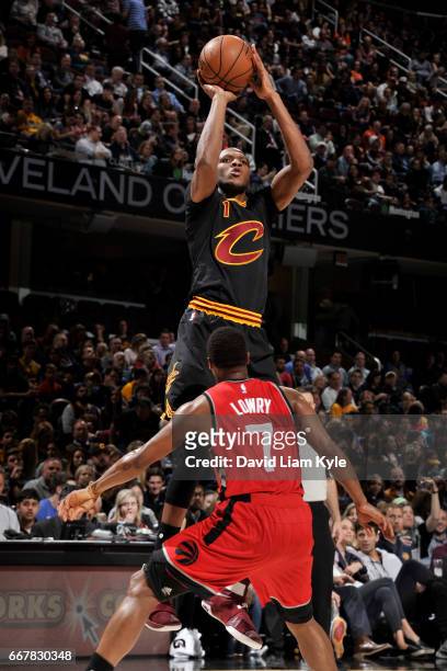 James Jones of the Cleveland Cavaliers shoots the ball against the Toronto Raptors on April 12, 2017 at Quicken Loans Arena in Cleveland, Ohio. NOTE...