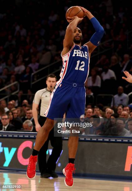 Gerald Henderson of the Philadelphia 76ers takes a shot in the first quarter against the New York Knicks at Madison Square Garden on April 12, 2017...