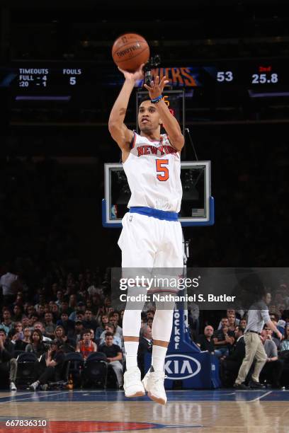 Courtney Lee of the New York Knicks shoots the ball against the Philadelphia 76ers on April 12, 2017 at Madison Square Garden in New York City, New...