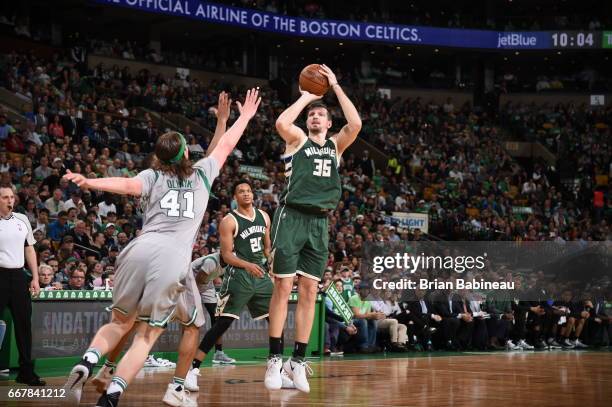 Mirza Teletovic of the Milwaukee Bucks shoots the ball against the Boston Celtics on April 12, 2017 at the TD Garden in Boston, Massachusetts. NOTE...