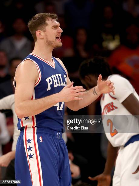 Tiago Splitter of the Philadelphia 76ers reacts after a call in the fourth quarter against the New York Knicks at Madison Square Garden on April 12,...