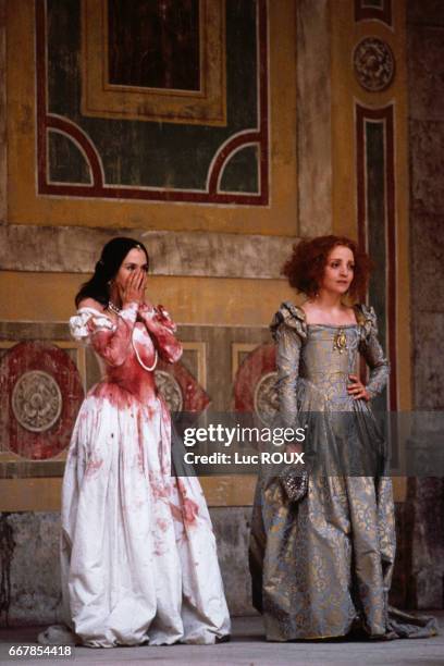 French actresses Isabelle Adjani and Dominique Blanc on the set of the 1994 film La Reine Margot , directed by Patrice Chereau.