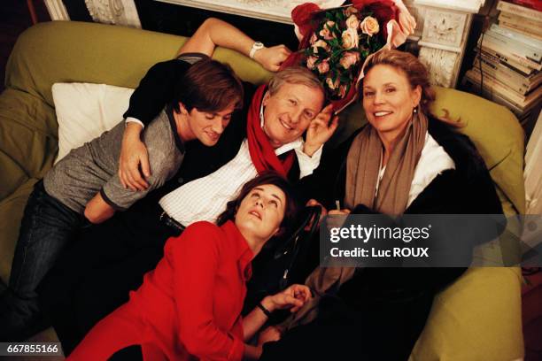 French actors Thomas Dutronc and Claude Rich, Swiss actress Marthe Keller, and French actress and director Valerie Lemercier on the set of...