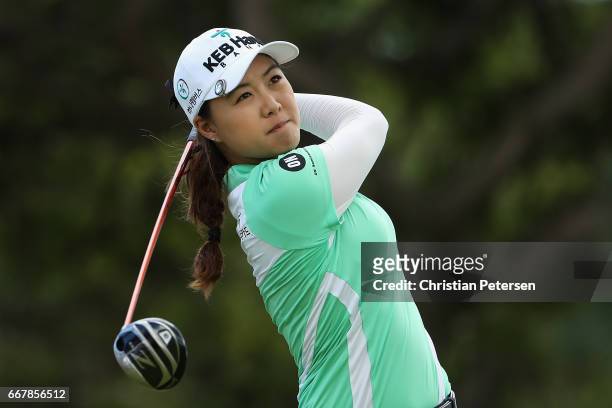 Minjee Lee of Australia plays a tee sho on the ninth hole during the first round of the LPGA LOTTE Championship Presented By Hershey at Ko Olina Golf...