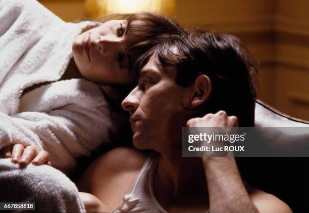 French actors Marie Trintignant and Jean-Hugues Anglade on the set of the film Nuit d'Ete en Ville , directed by Michel Deville.