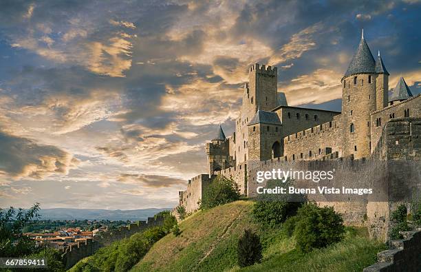 the fortified city of carcassonne - castle wall stock pictures, royalty-free photos & images