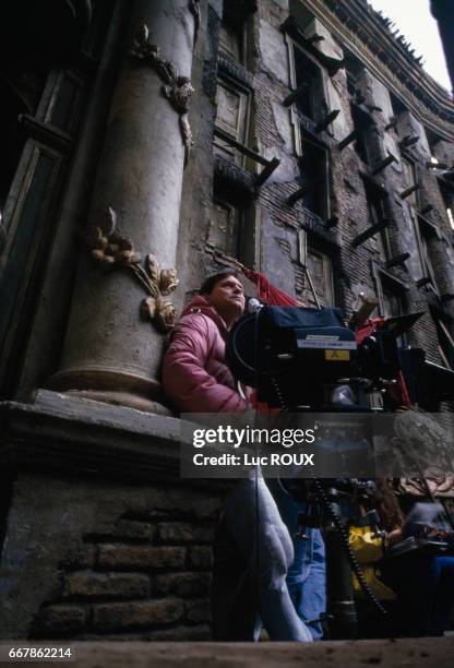 American director Terry Gilliam on the set of his film The Aventures of Baron Munchausen, at Cinecitta studios.