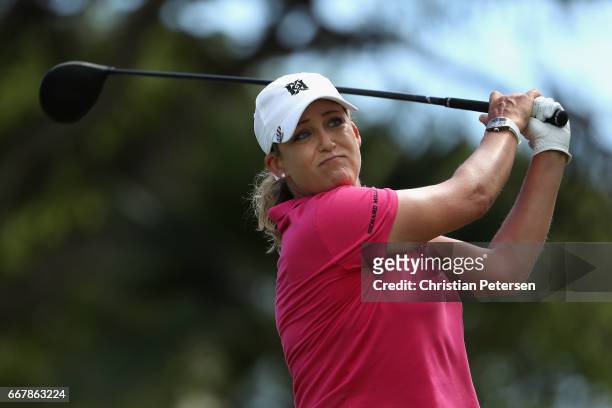 Cristie Kerr plays a tee shot on the ninth hole during the first round of the LPGA LOTTE Championship Presented By Hershey at Ko Olina Golf Club on...