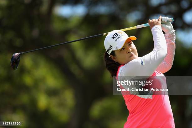 Inbee Park of Republic of Korea plays a tee shot on the ninth hole during the first round of the LPGA LOTTE Championship Presented By Hershey at Ko...