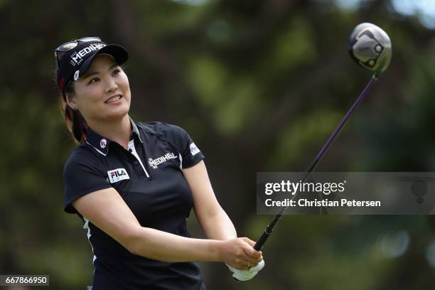 So Yeon Ryu of Republic of Korea plays a tee shot on the ninth hole during the first round of the LPGA LOTTE Championship Presented By Hershey at Ko...