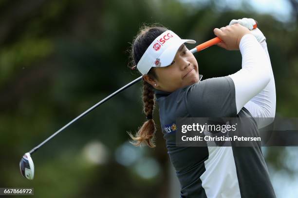 Ariya Jutanugarn of Thailand plays a tee shot on the ninth hole during the first round of the LPGA LOTTE Championship Presented By Hershey at Ko...