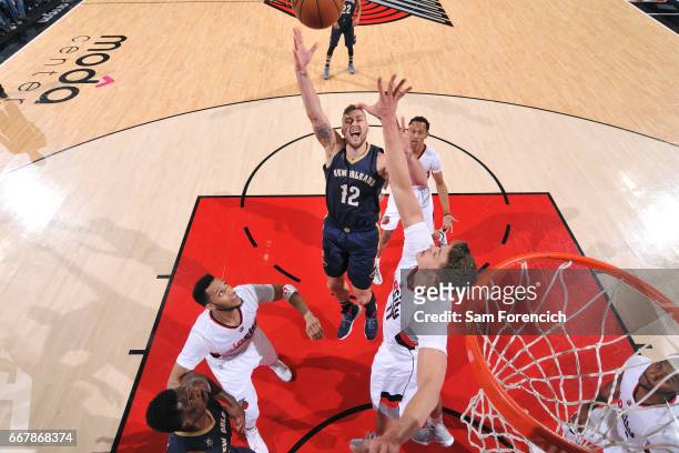 Donatas Motiejunas of the New Orleans Pelicans shoots the ball during the game against the Portland Trail Blazers on April 12, 2017 at the Moda...