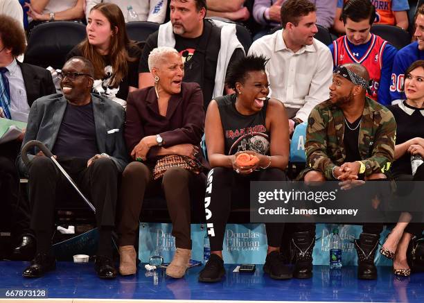 Earl Monroe, Marita Green, Leslie Jones and guest attend Philadelphia 76ers Vs. New York Knicks game at Madison Square Garden on April 12, 2017 in...