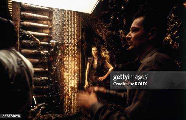 American actress Sigourney Weaver and French director Jean-Pierre Jeunet on the set of his film Alien: Resurrection.