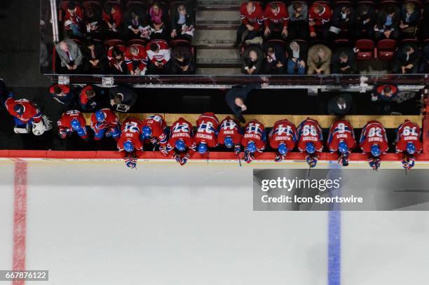 Top view of the Montreal Canadiens bench during the first period of Game One of the Eastern Conference First Round series of the 2017 NHL Stanley Cup...