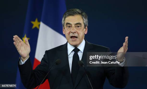 French presidential candidate Francois Fillon of Les Republicains hosts a rally party at Porte de Versailles on April 9, 2017 in Paris, France.