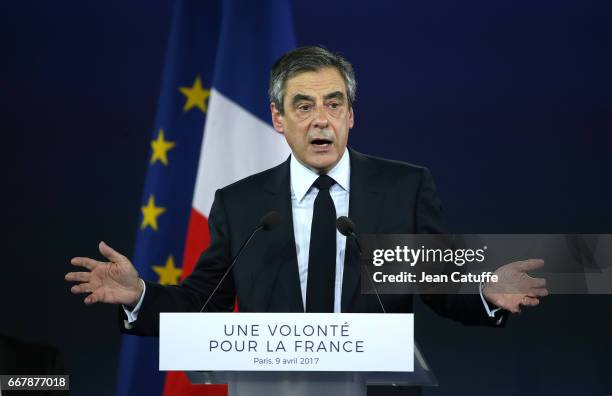 French presidential candidate Francois Fillon of Les Republicains hosts a rally party at Porte de Versailles on April 9, 2017 in Paris, France.