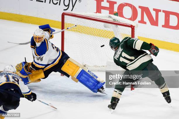 Zach Parise of the Minnesota Wild scores a goal against Jake Allen of the St. Louis Blues during the third period in Game One of the Western...