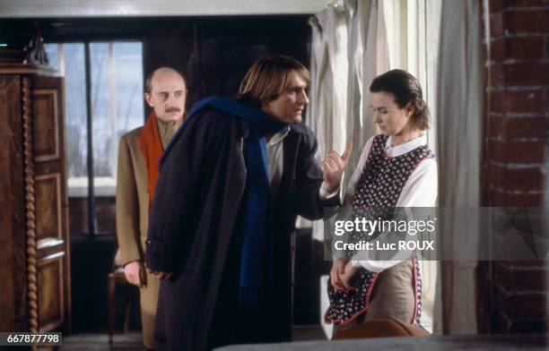 French actors Michel Blanc, Gerard Depardieu and Miou Miou on the movie set of Tenue de Soiree, written and directed by Bertrand Blier.