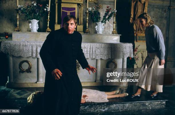 French actors Gerard Depardieu and Sandrine Bonnaire on the set of the film Sous le Soleil de Satan , directed by Maurice Pialat. The film won the...