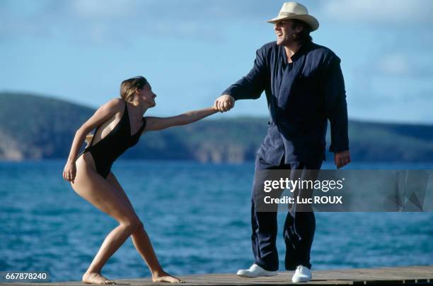 Belgian actress Marie Gillain and French actor Gerard Depardieu on the set of the film Mon pere, ce heros , written and directed by Gerard Lauzier.