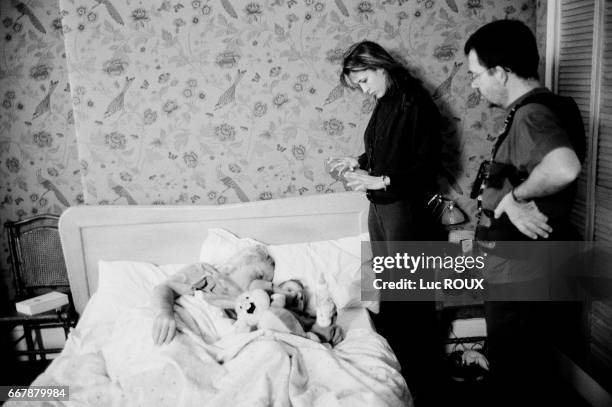 French actress and director Sophie Marceau on the set of her film Parlez-moi d'Amour with French actor Niels Arestrup.